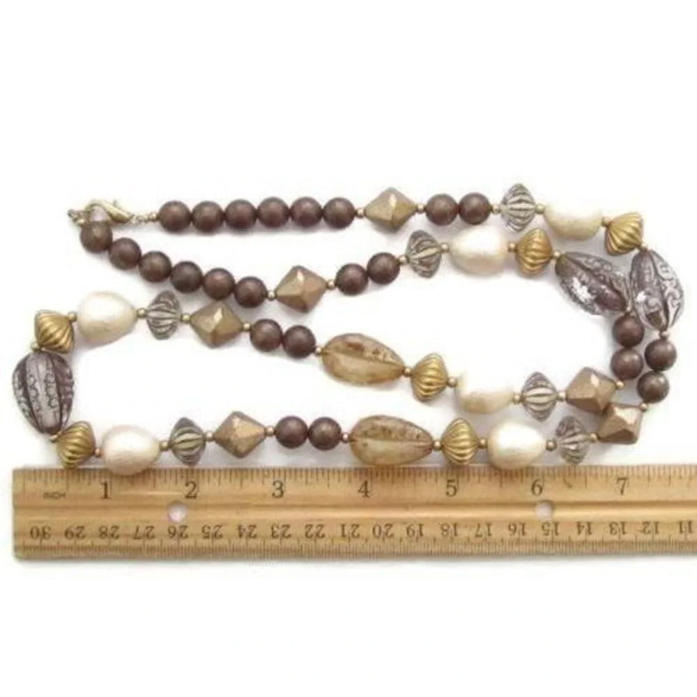 Vintage Brown, Cream White & Gold Tone‎ Acrylic Multi-Color Bead Necklace
